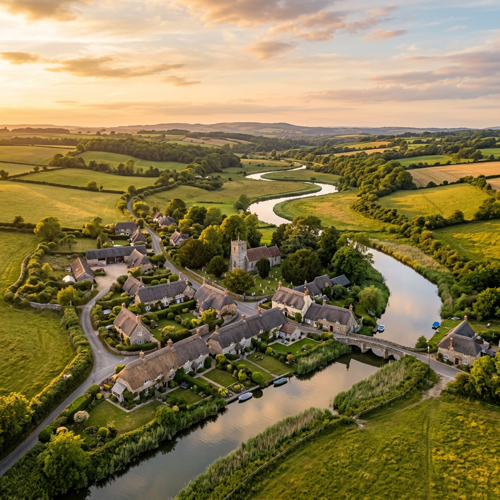 Aerial view of Hammoon, Dorset at golden hour