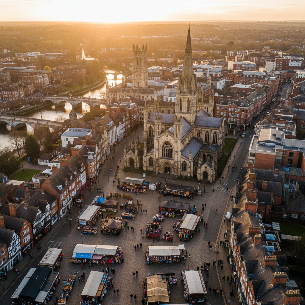 Aerial view of Leicester city at golden hour