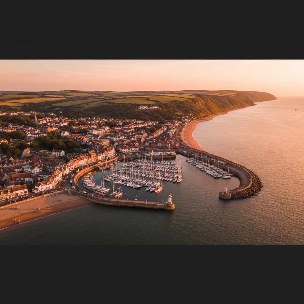 Aerial view of Watchet harbour, Somerset at golden hour