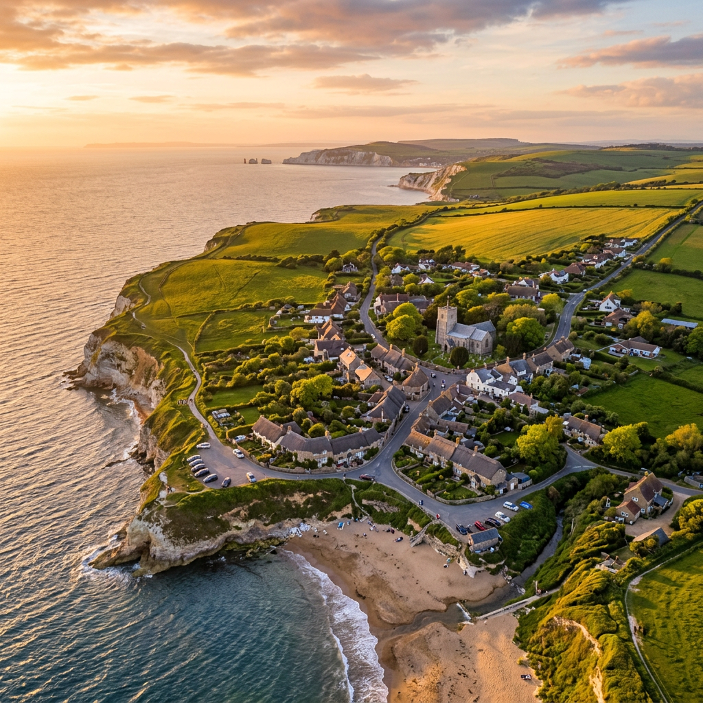 Aerial view of Brighstone, Isle of Wight at golden hour