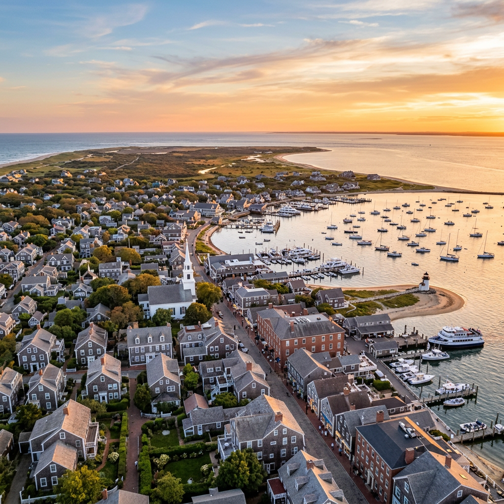Aerial view of Nantucket Massachusetts island and harbour at golden hour