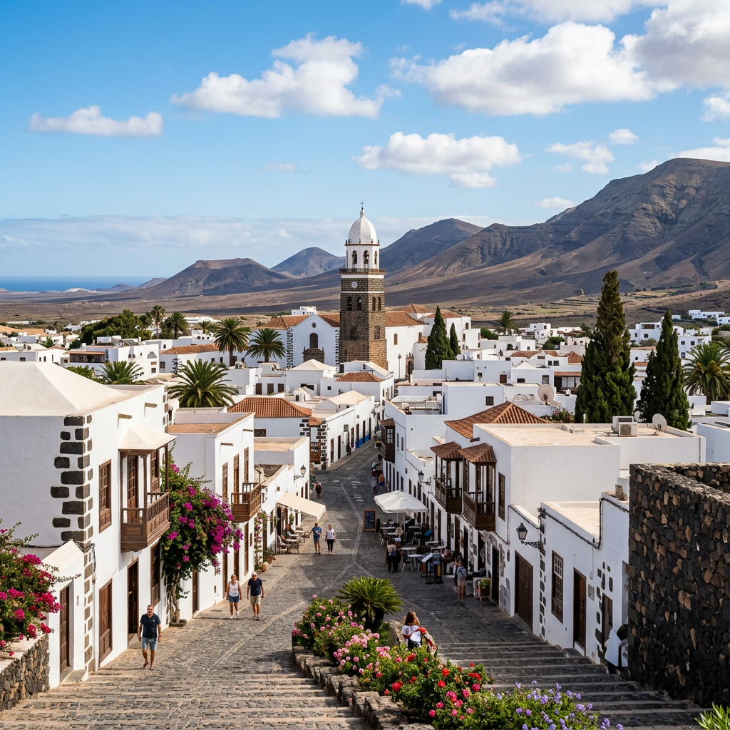 Scenic view of Teguise, Spain with historic architecture.