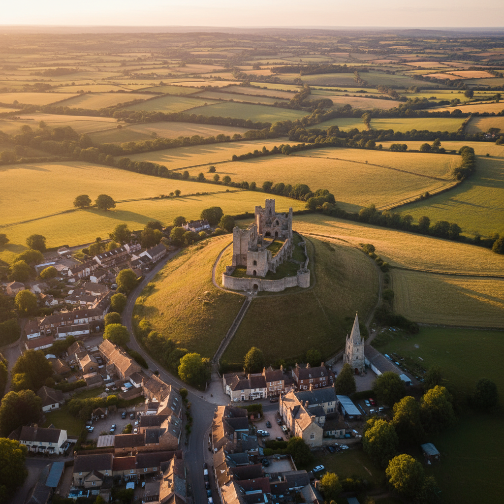 Aerial view of Mere, Wiltshire at golden hour