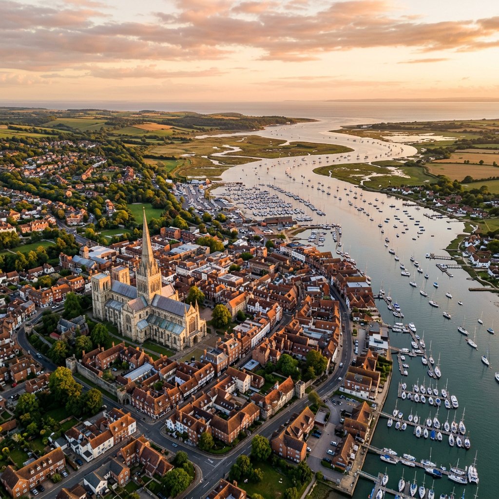 Aerial view of Chichester, West Sussex at golden hour