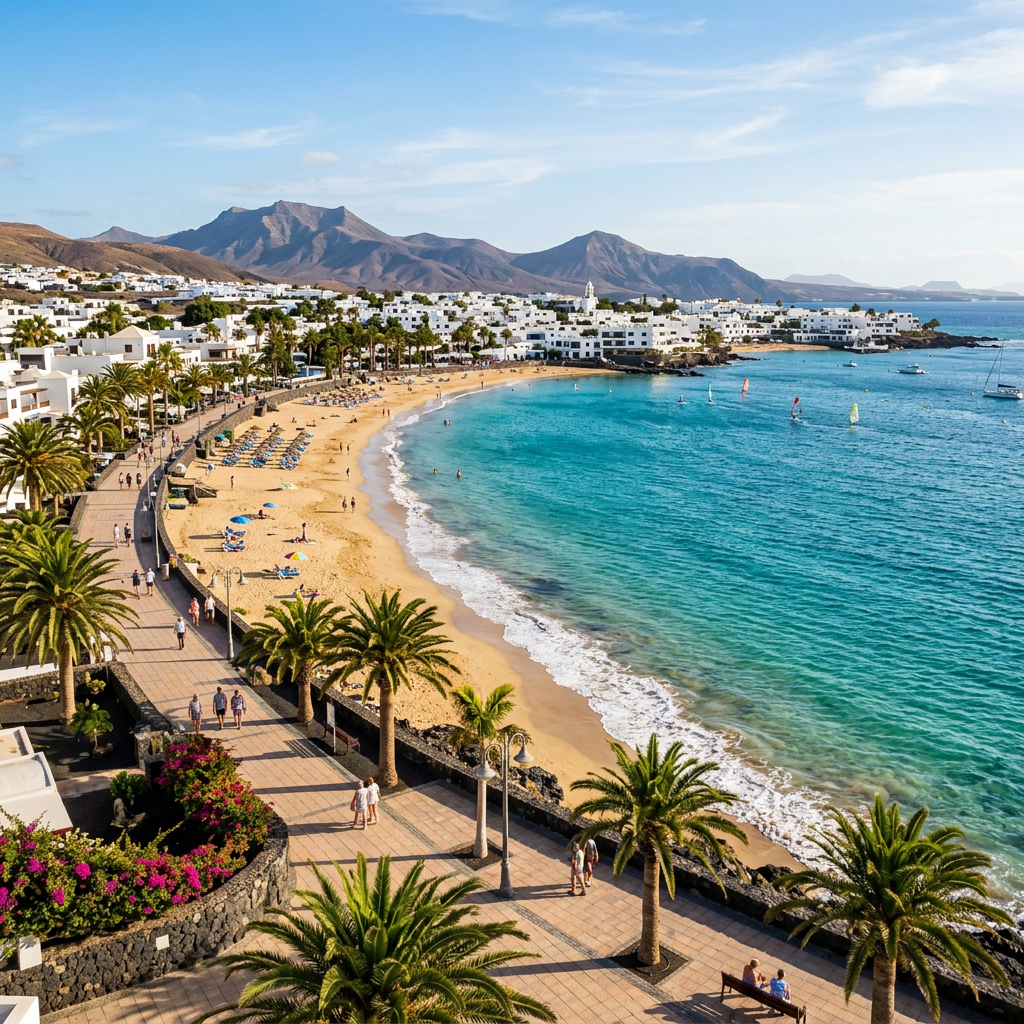 Stunning coastal view of Costa Teguise, Spain at sunset.
