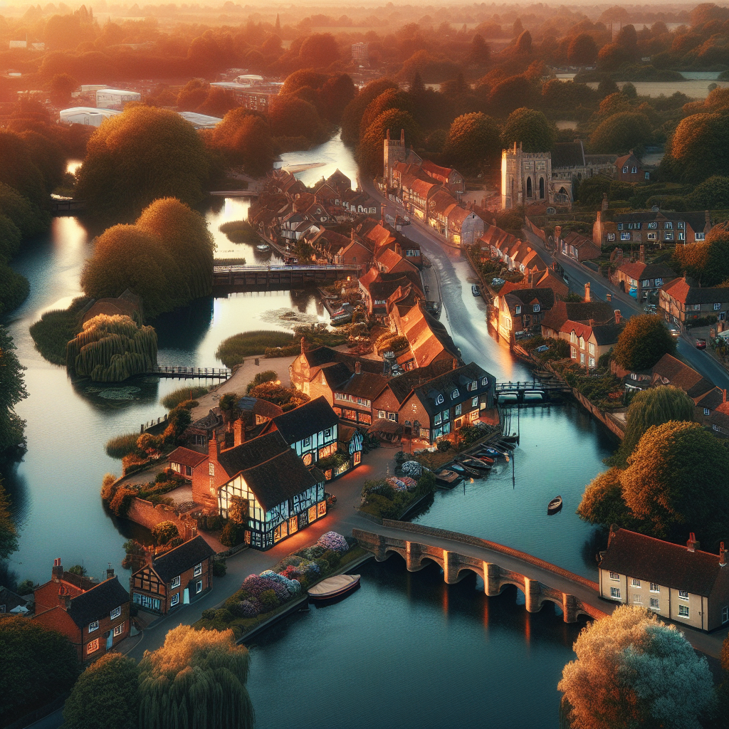 Aerial view of Sonning, Berkshire with Thames at golden hour