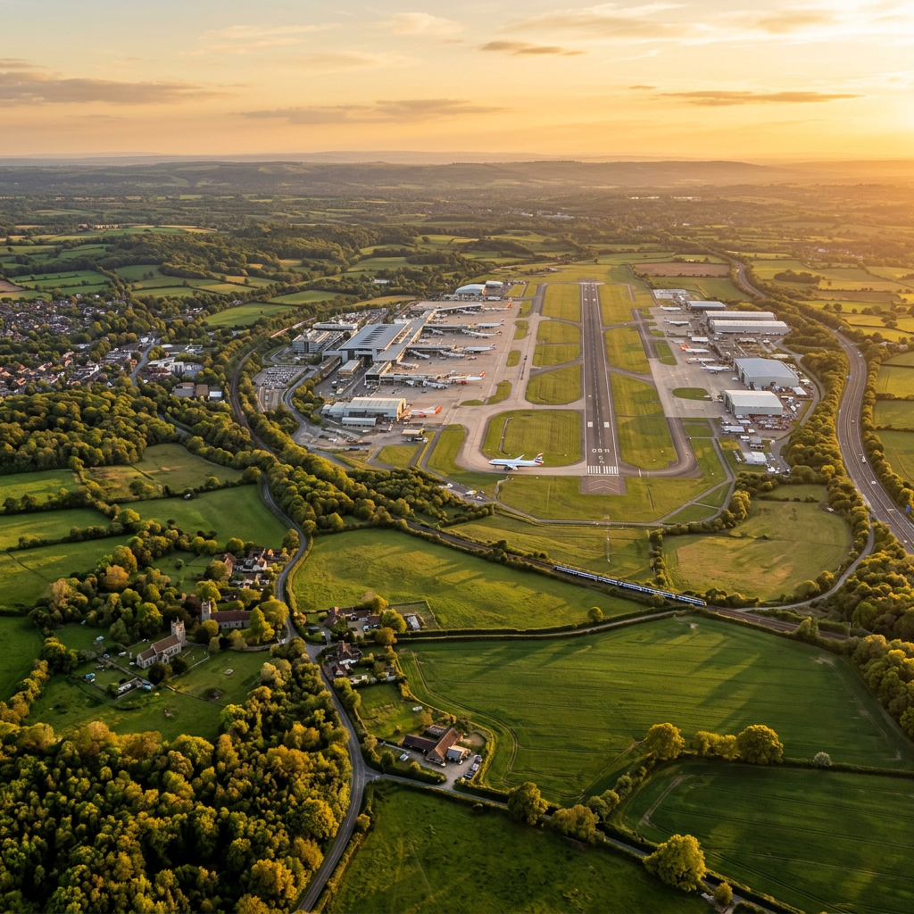 Aerial view of Gatwick area, West Sussex at golden hour