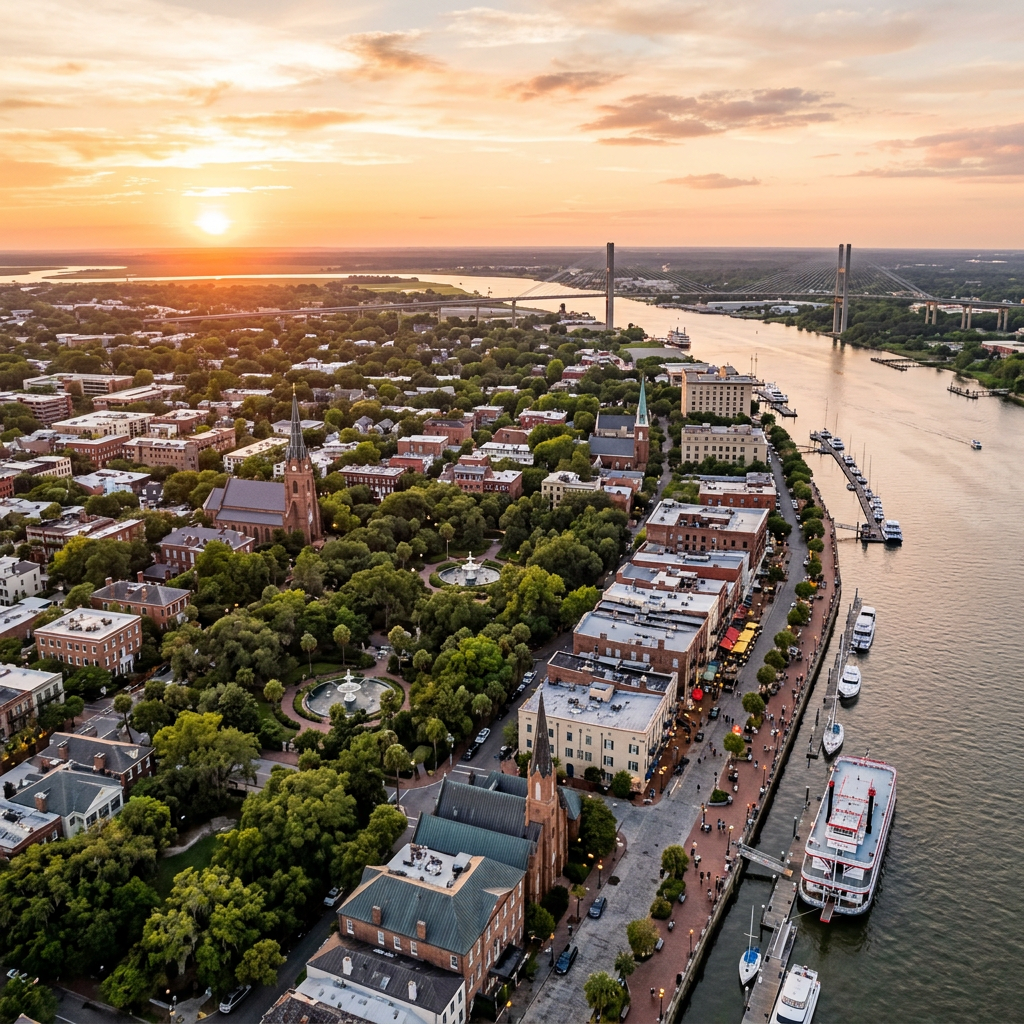 Aerial view of Savannah Georgia historic squares and waterfront at golden hour