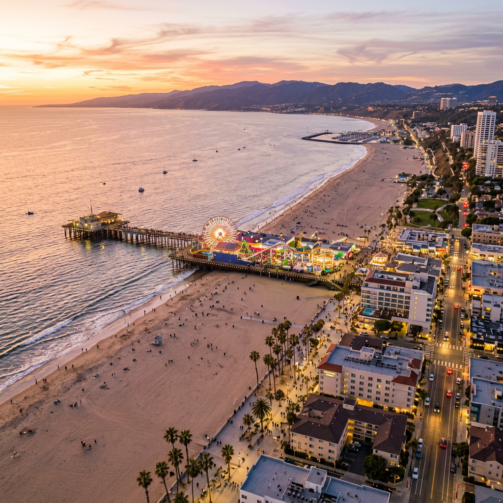 Aerial view of Santa Monica California pier and beach at golden hour