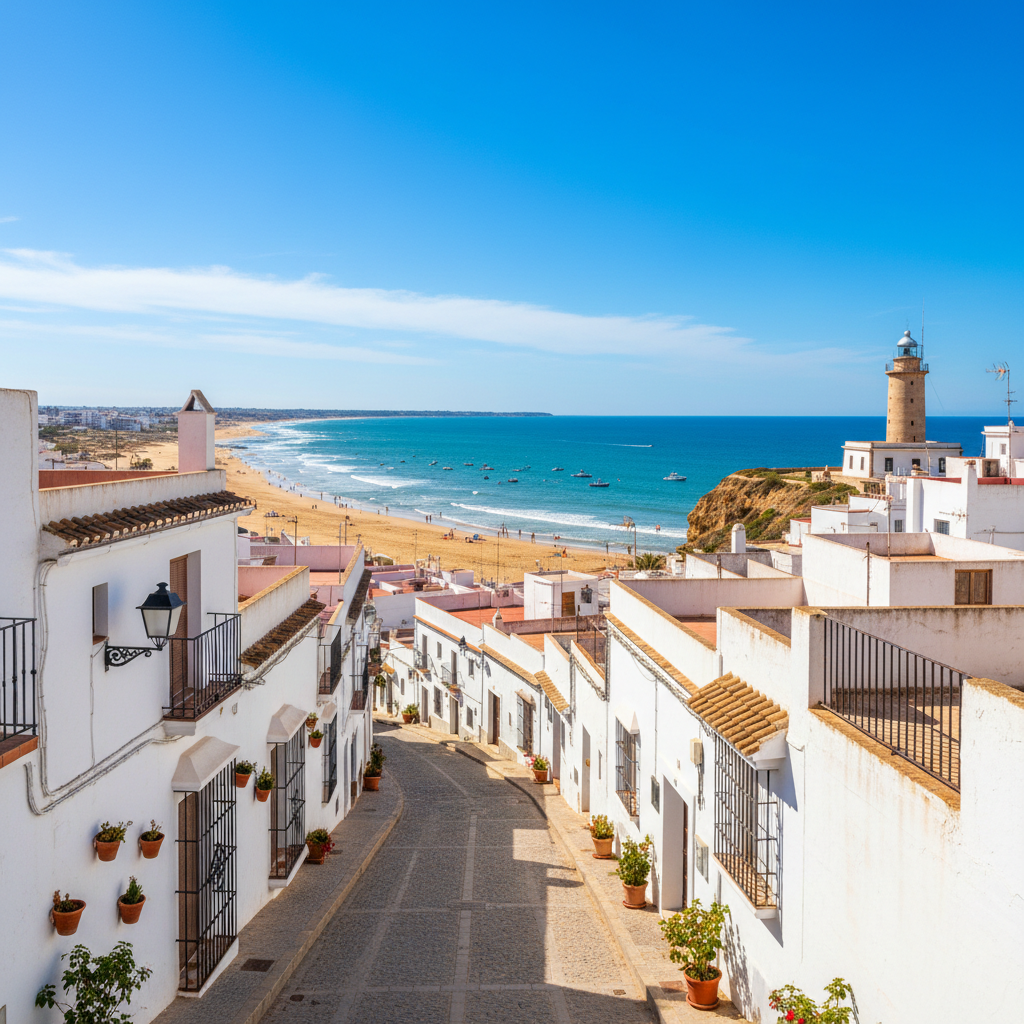 Stunning beach sunset over Conil, Spain's coastline.