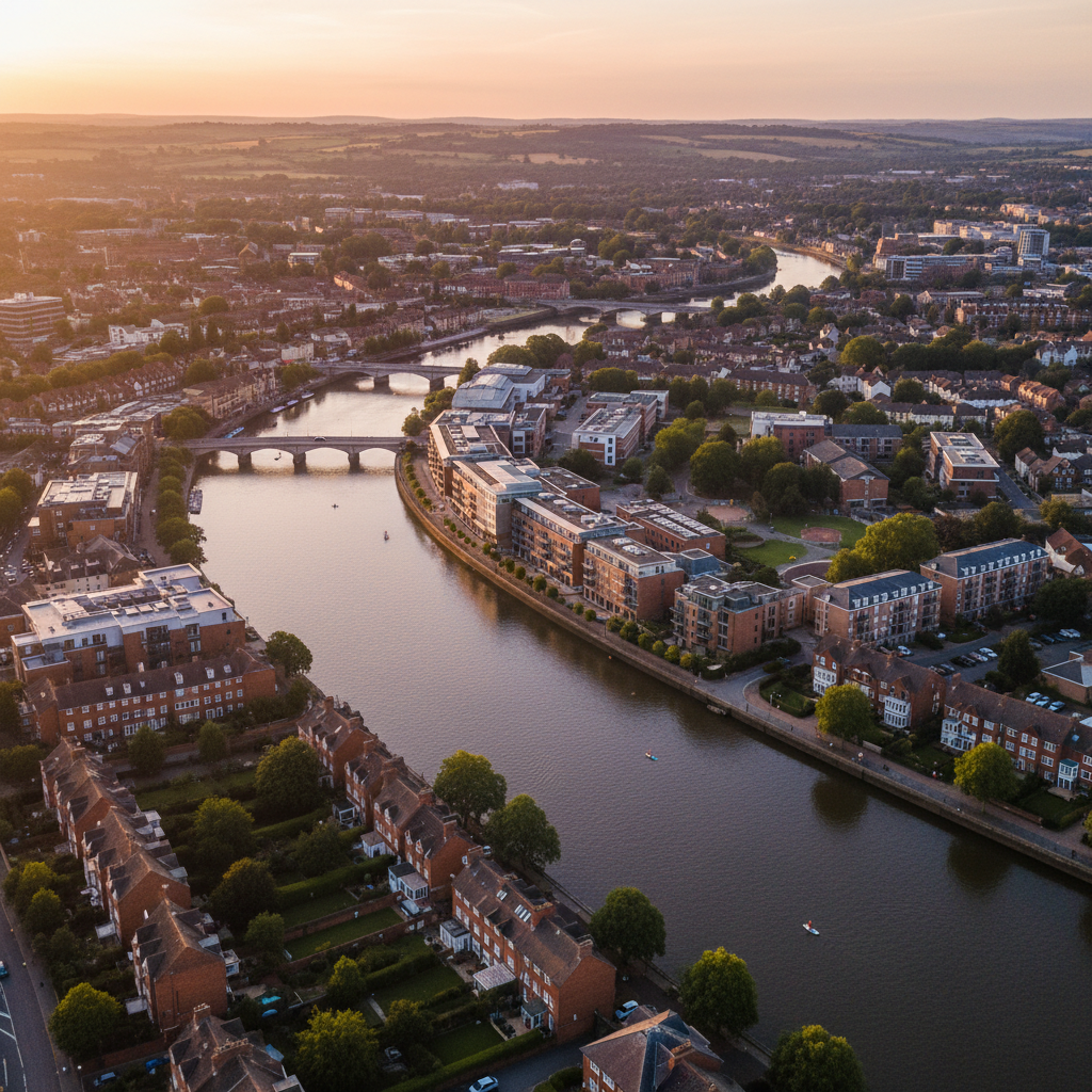 Aerial view of Reading, Berkshire with the Thames at golden hour