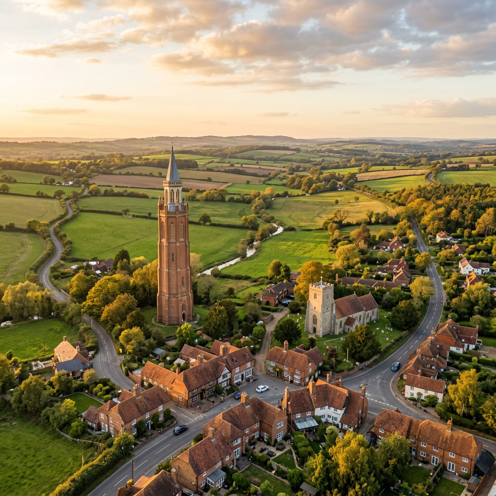 Aerial view of Hadlow, Kent at golden hour