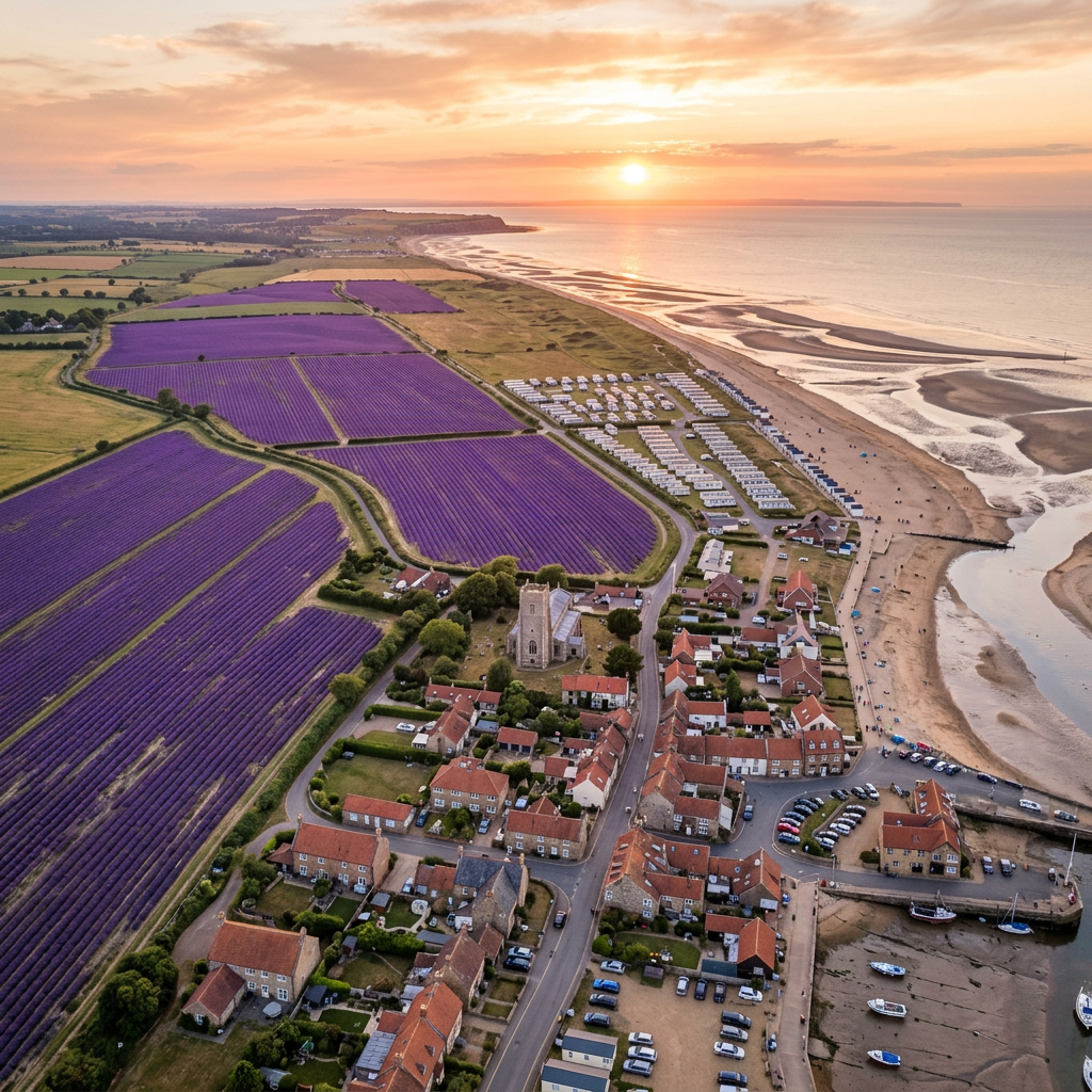 Aerial view of Heacham, Norfolk at golden hour with lavender fields