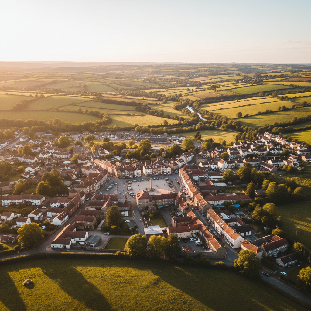 Aerial view of Hatherleigh, Devon at golden hour