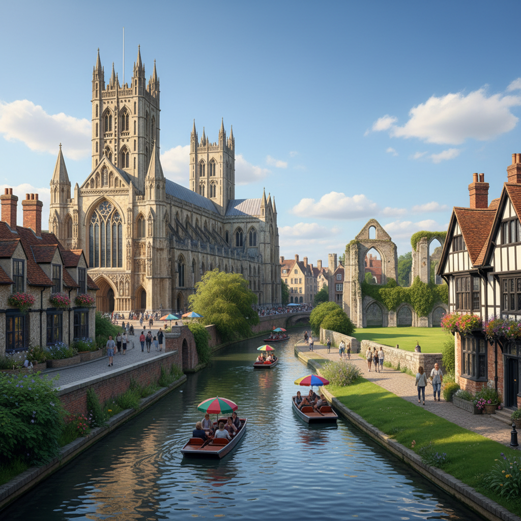 Scenic view of Canterbury, England with historic architecture.