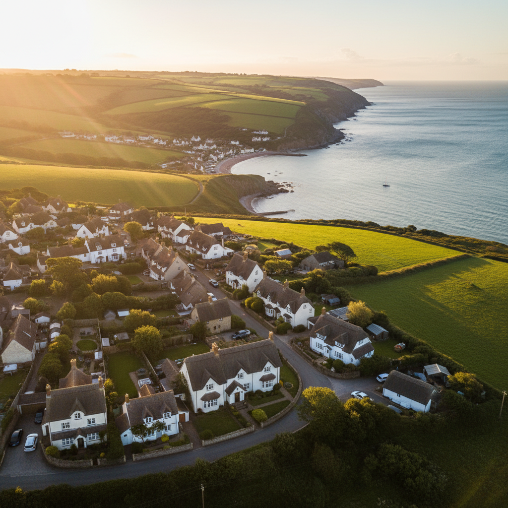 Aerial view of Chideock, Dorset at golden hour