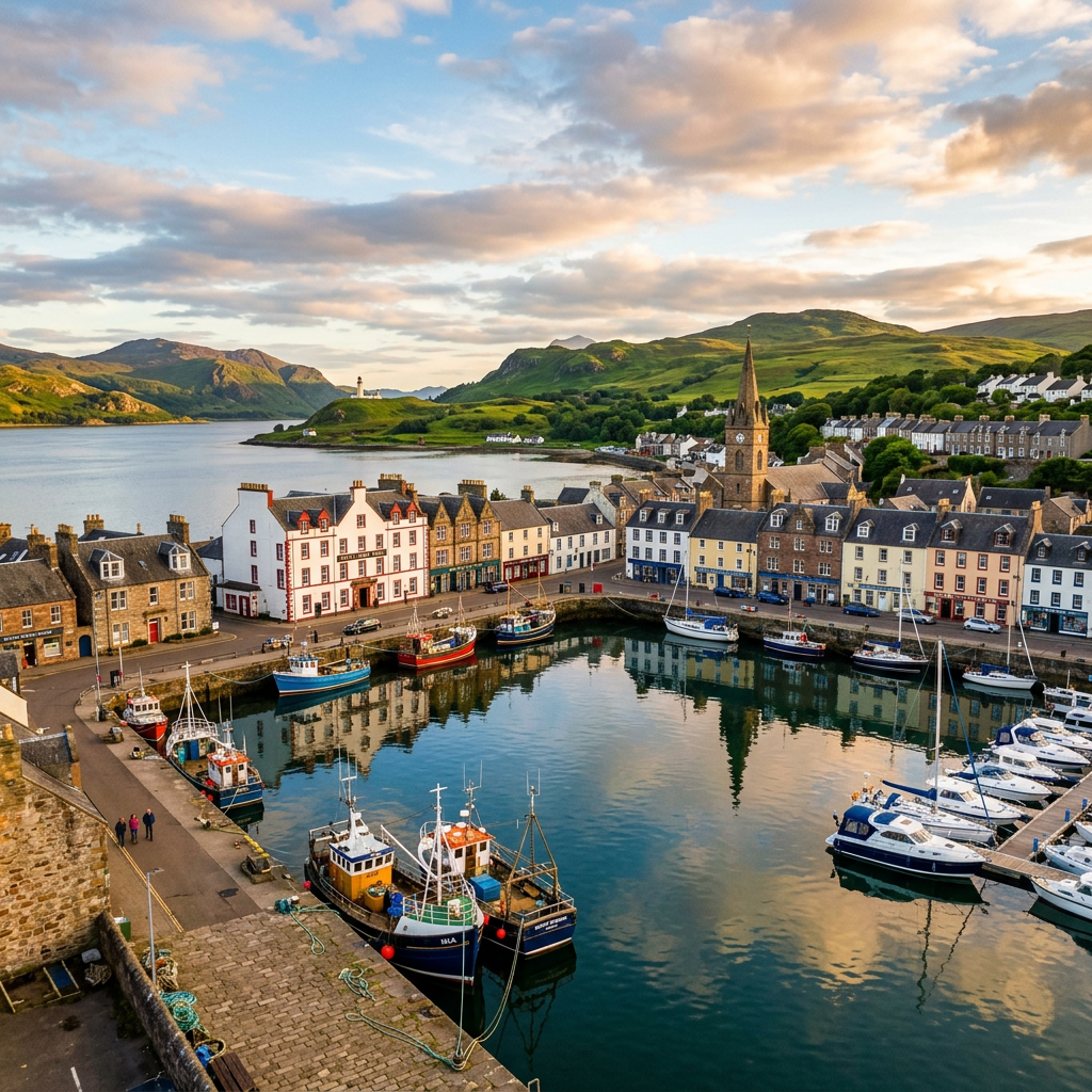 Scenic view of Campbeltown, Scotland with coastal landscape.