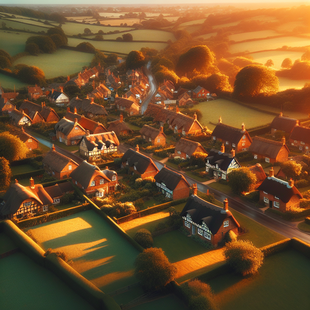Aerial view of Sopley, Hampshire Avon Valley at golden hour
