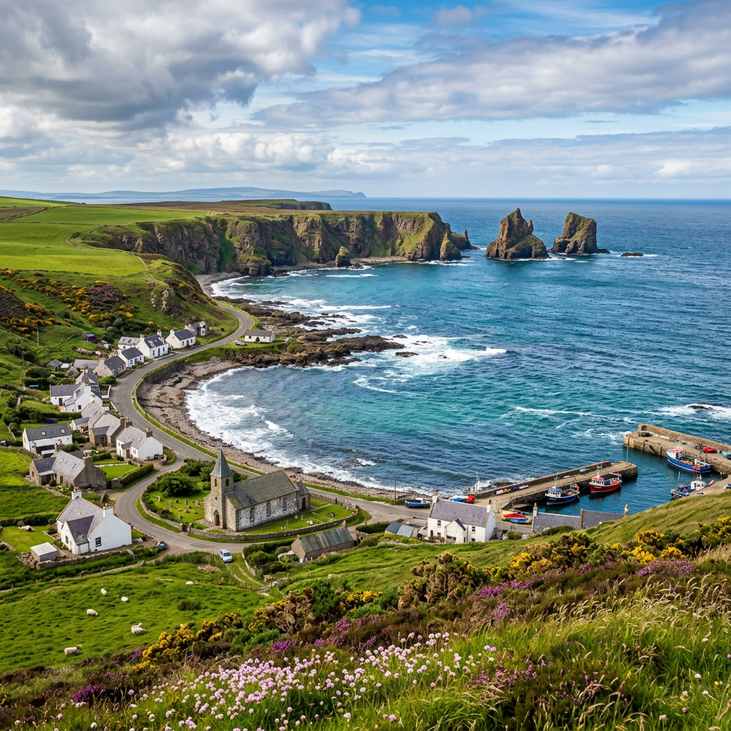 Stunning landscape of Canisbay, Scotland with rolling hills.