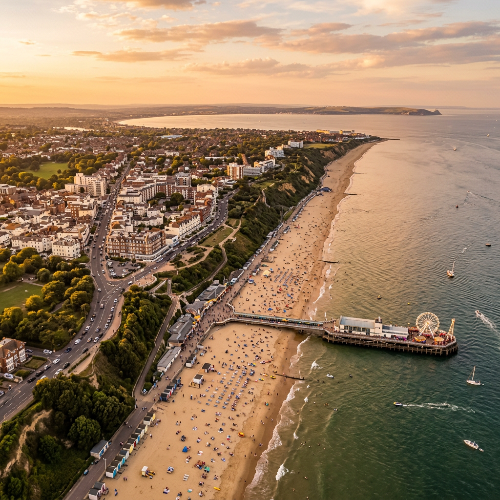 Aerial view of Bournemouth beach and town at golden hour