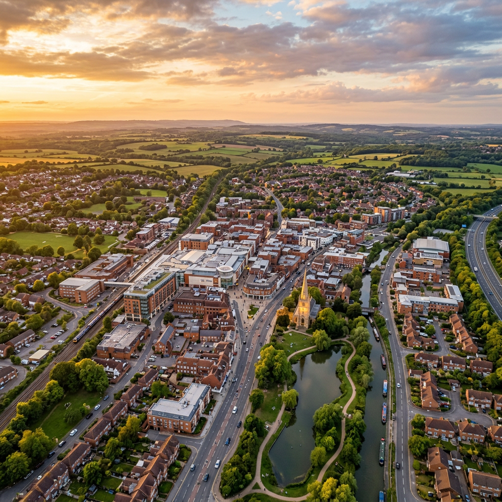 Aerial view of Basingstoke, Hampshire at golden hour