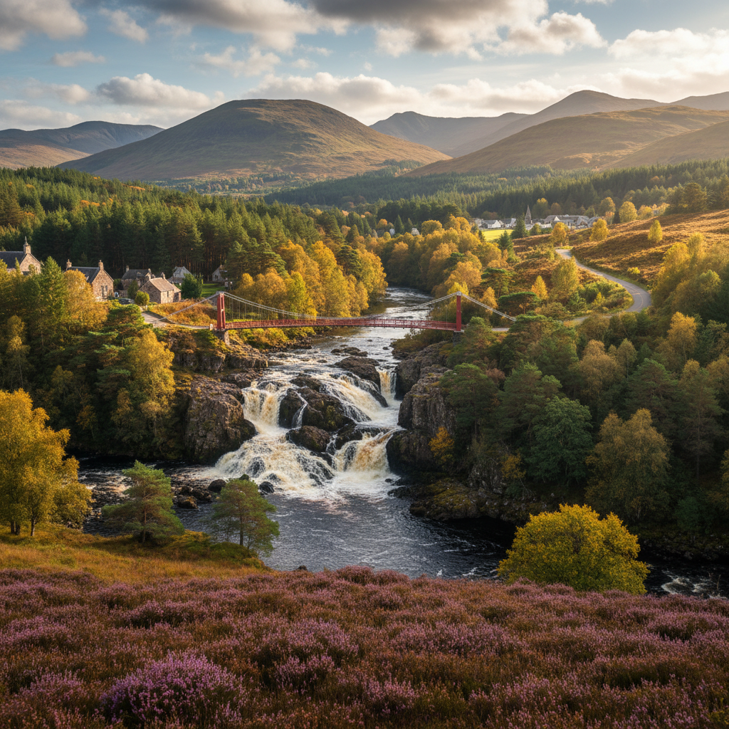 Scenic view of Contin, Scotland with lush green hills.
