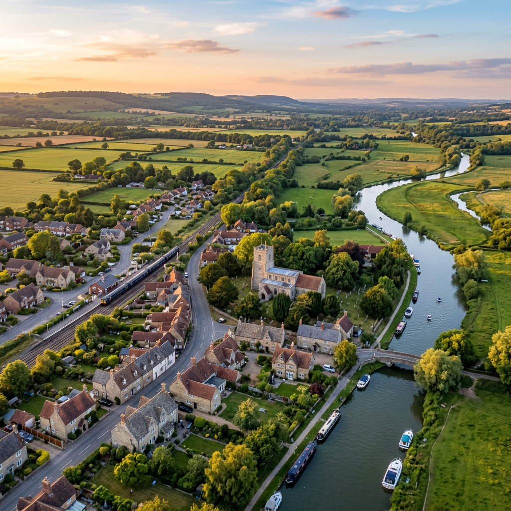 Aerial view of Cholsey, Oxfordshire at golden hour