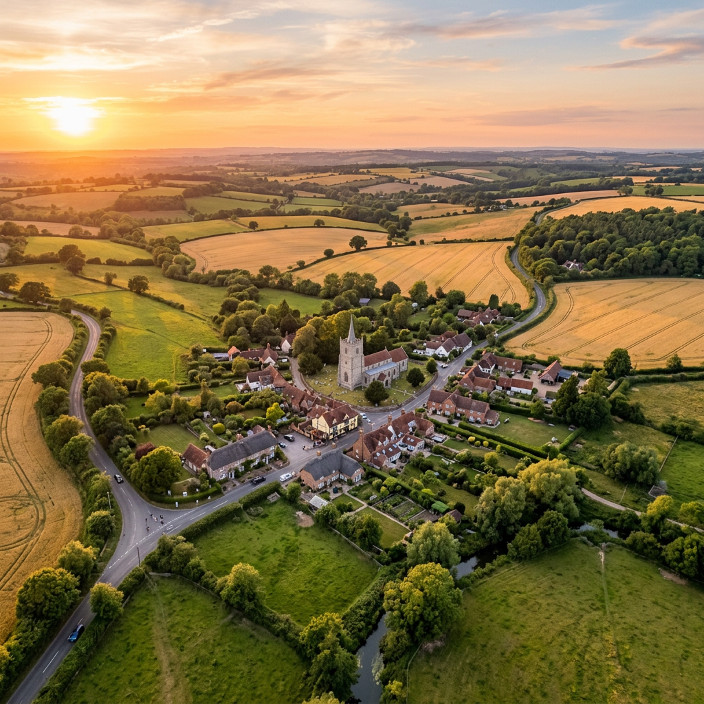 Aerial view of Froyle, Hampshire at golden hour