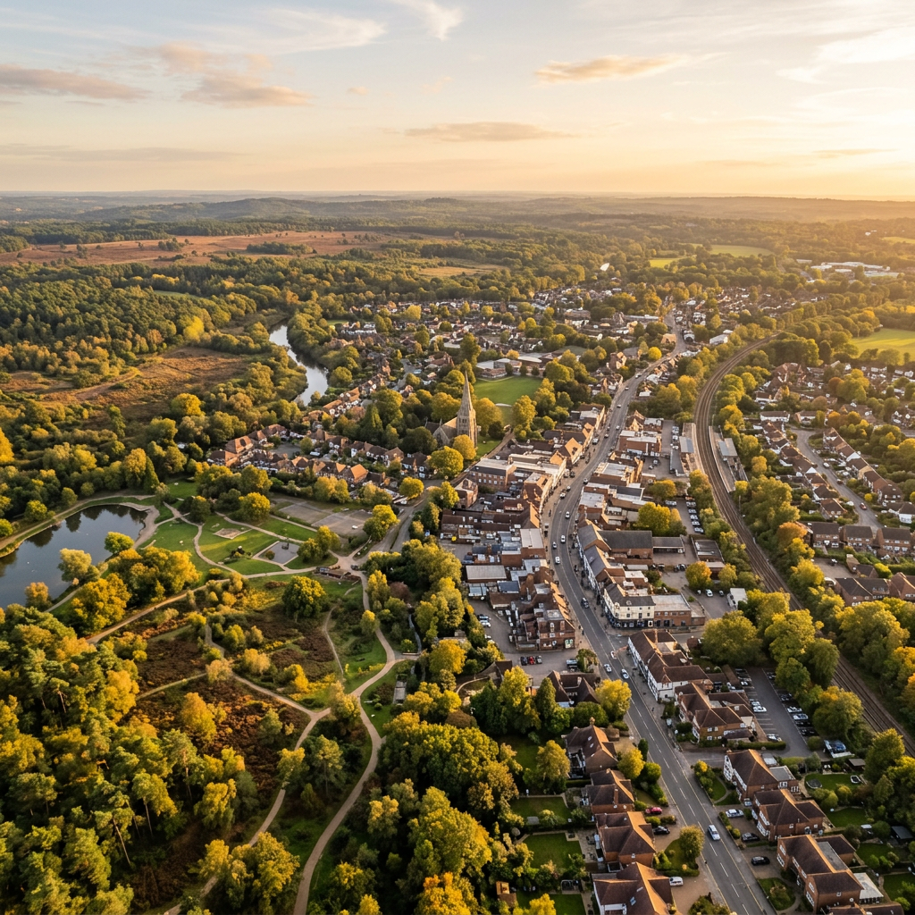 Aerial view of Frimley, Surrey at golden hour