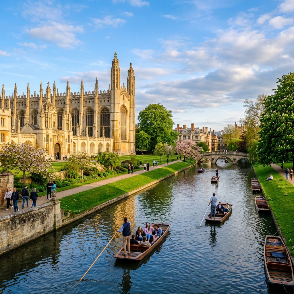 Scenic view of Cambridge, England with historic architecture.