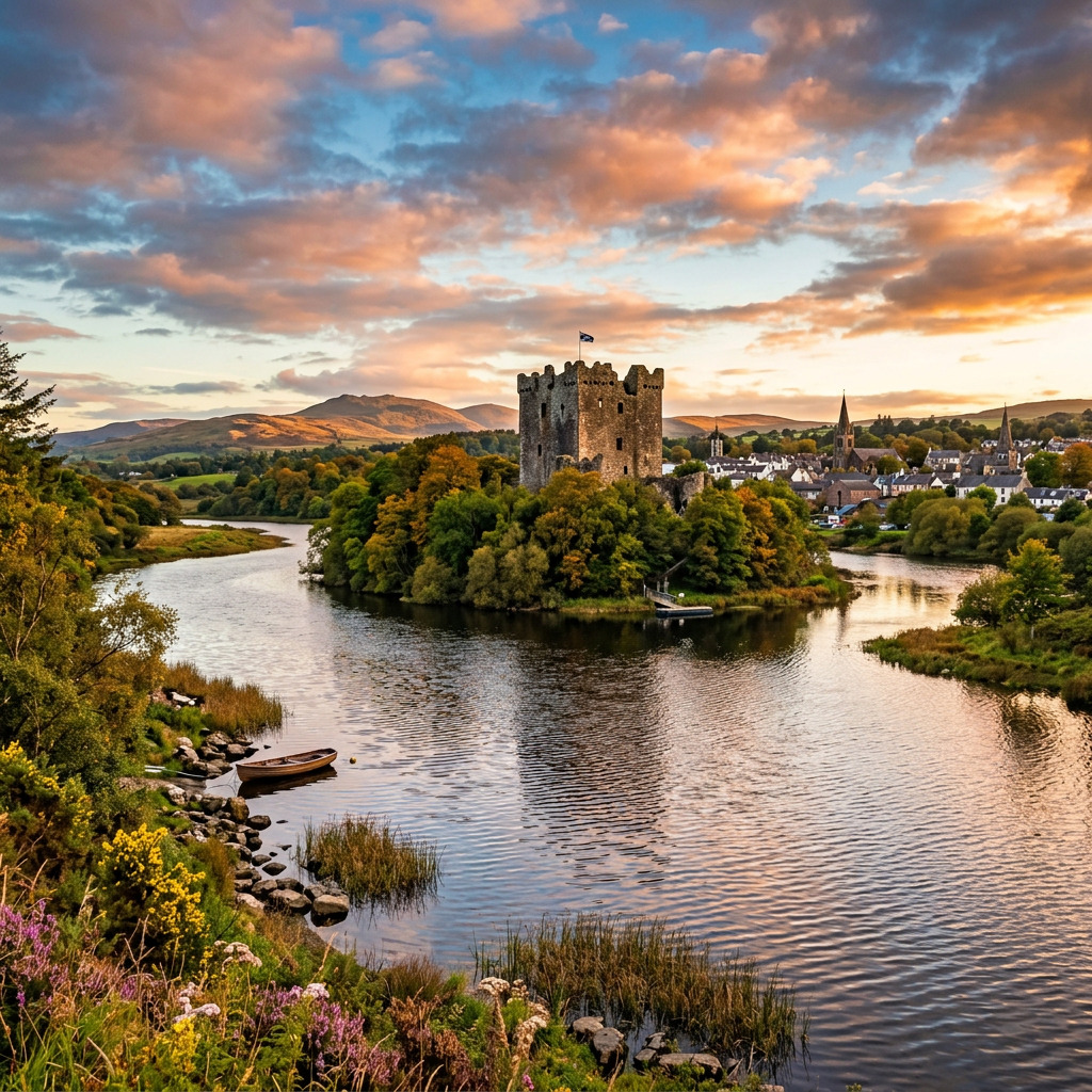 Scenic view of Castle Douglas, Scotland with lush greenery.