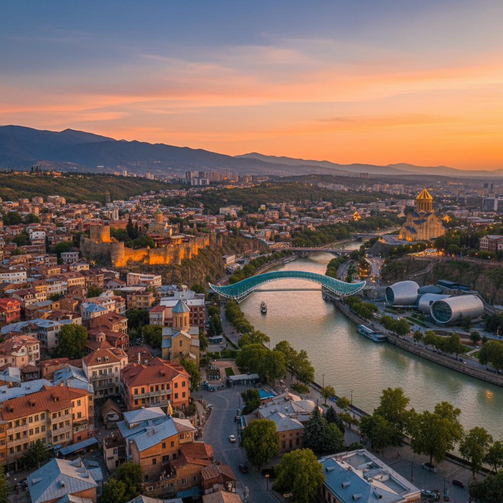 Stunning view of Tbilisi, Georgia's vibrant skyline at sunset.