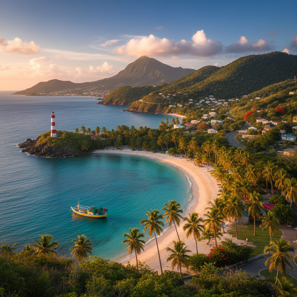 Stunning beach sunset in Martinique, France with palm trees.