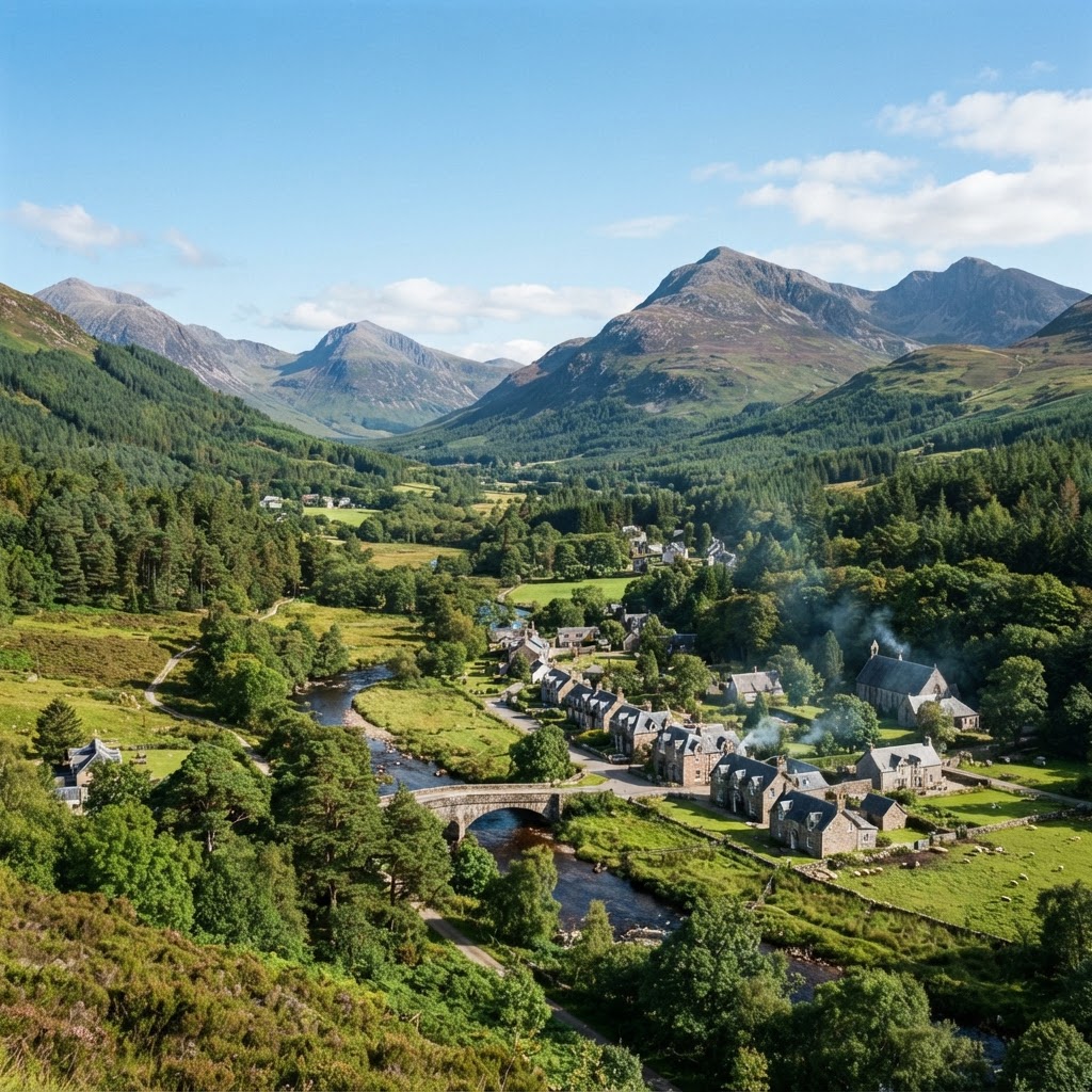 Stunning view of Cannich village with mountains in the background