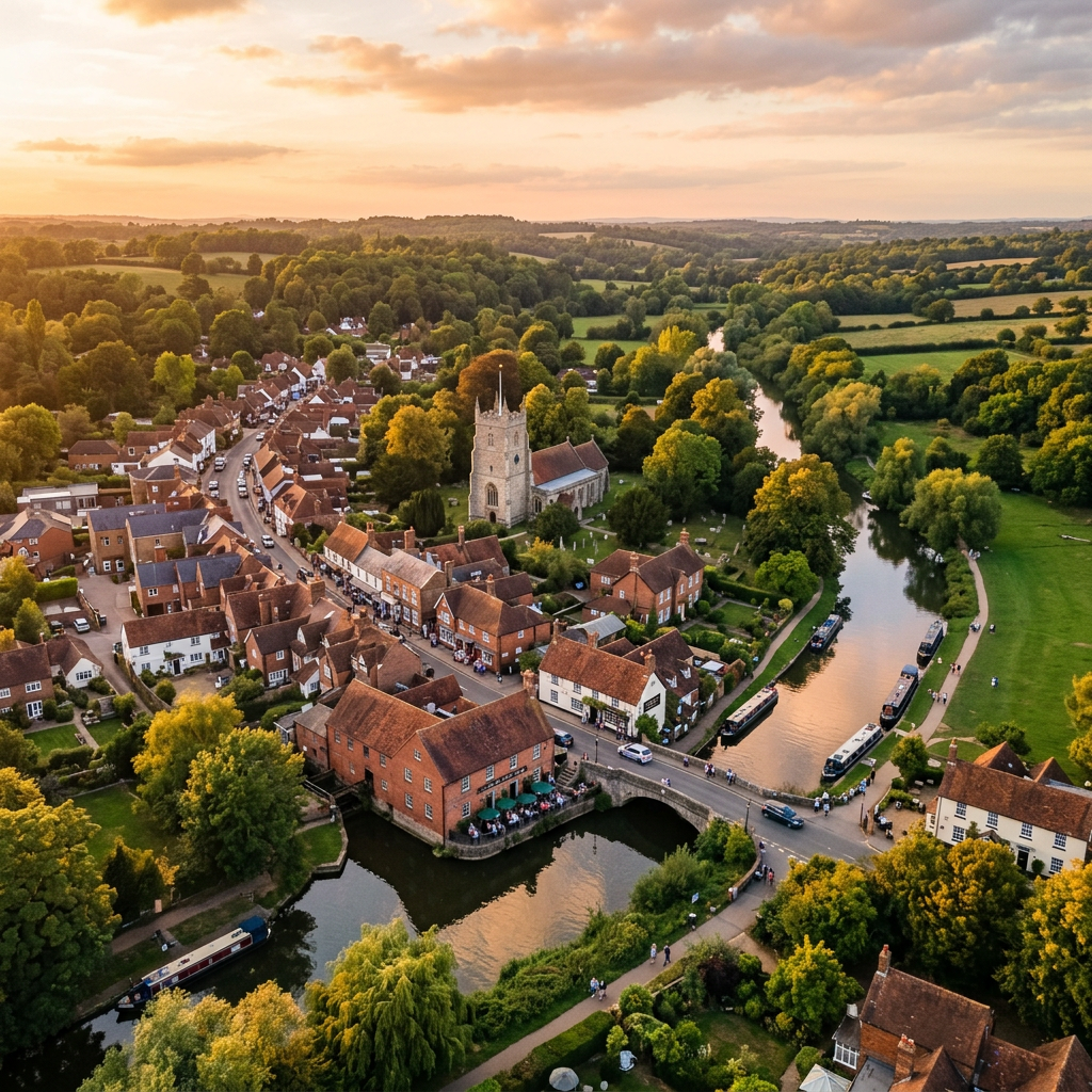 Aerial view of Cobham, Surrey at golden hour