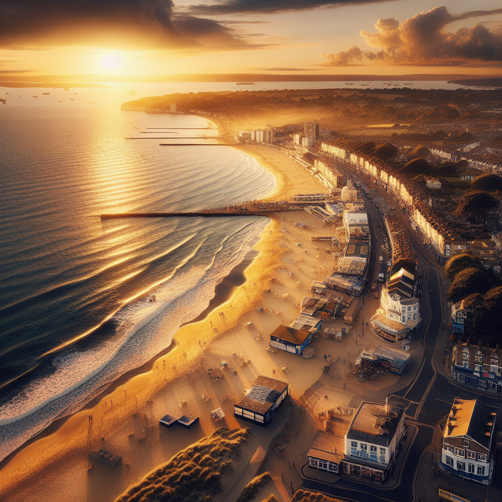 Aerial view of Sandown Bay, Isle of Wight at golden hour