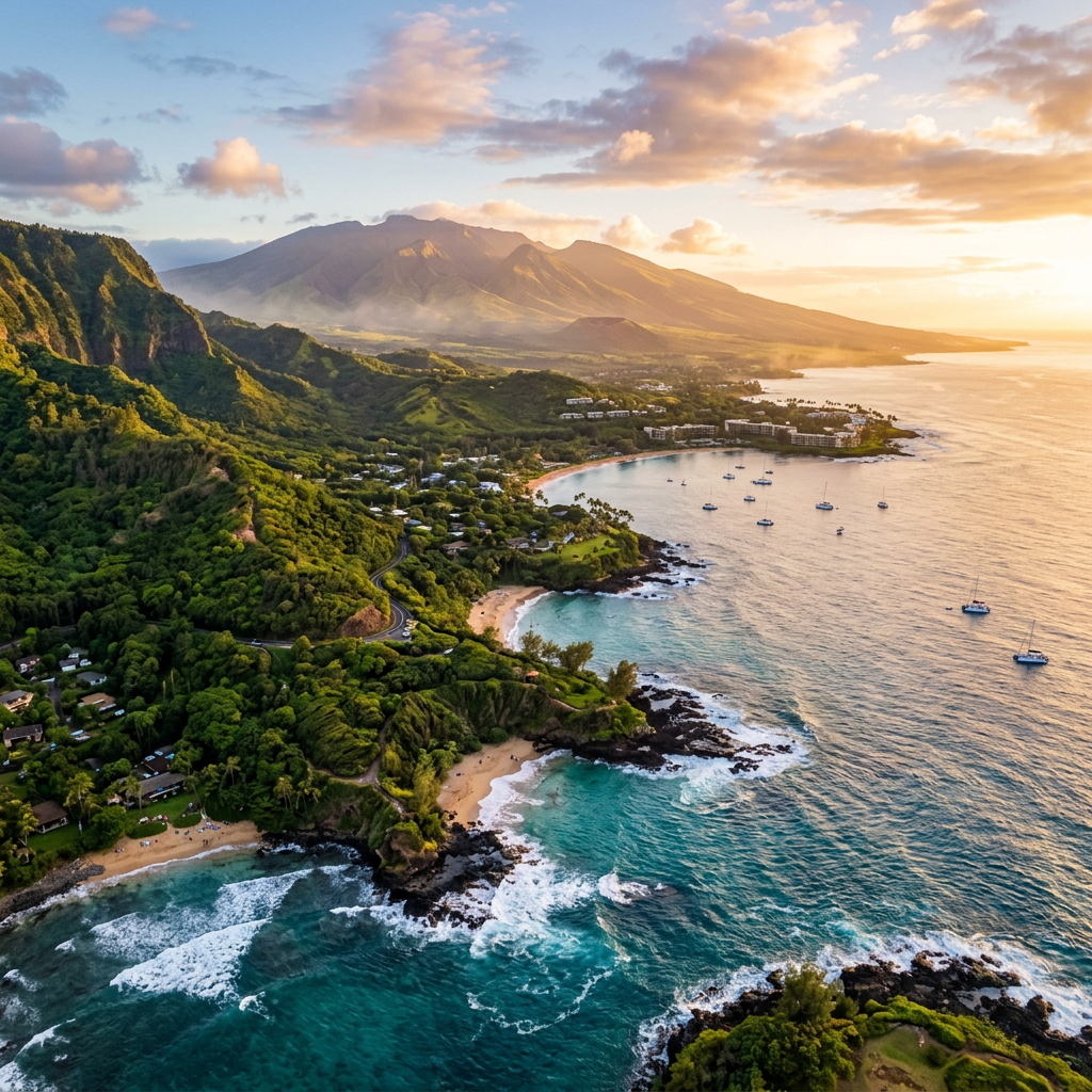 Aerial view of Maui Hawaii coastline, beaches, and Haleakala volcano at golden hour