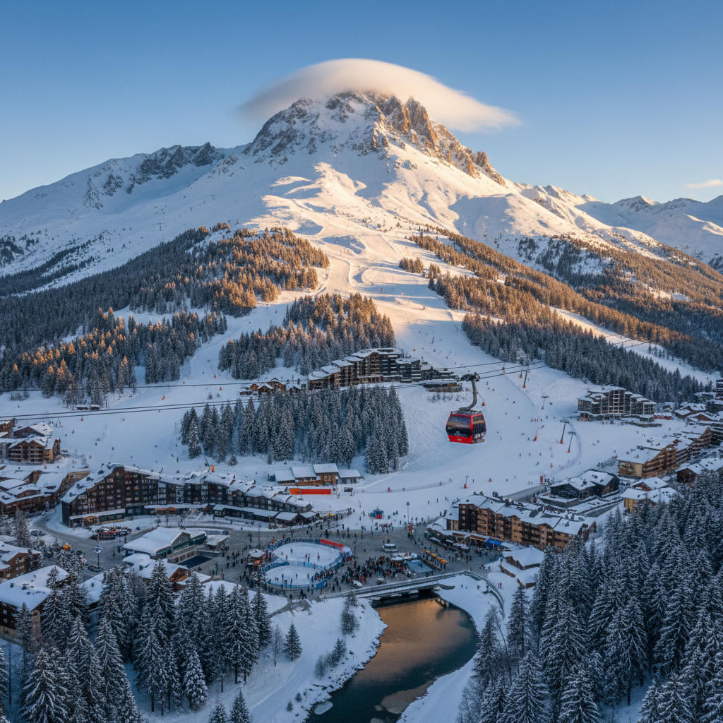 Snow-covered slopes and chalets in La Plagne, France.
