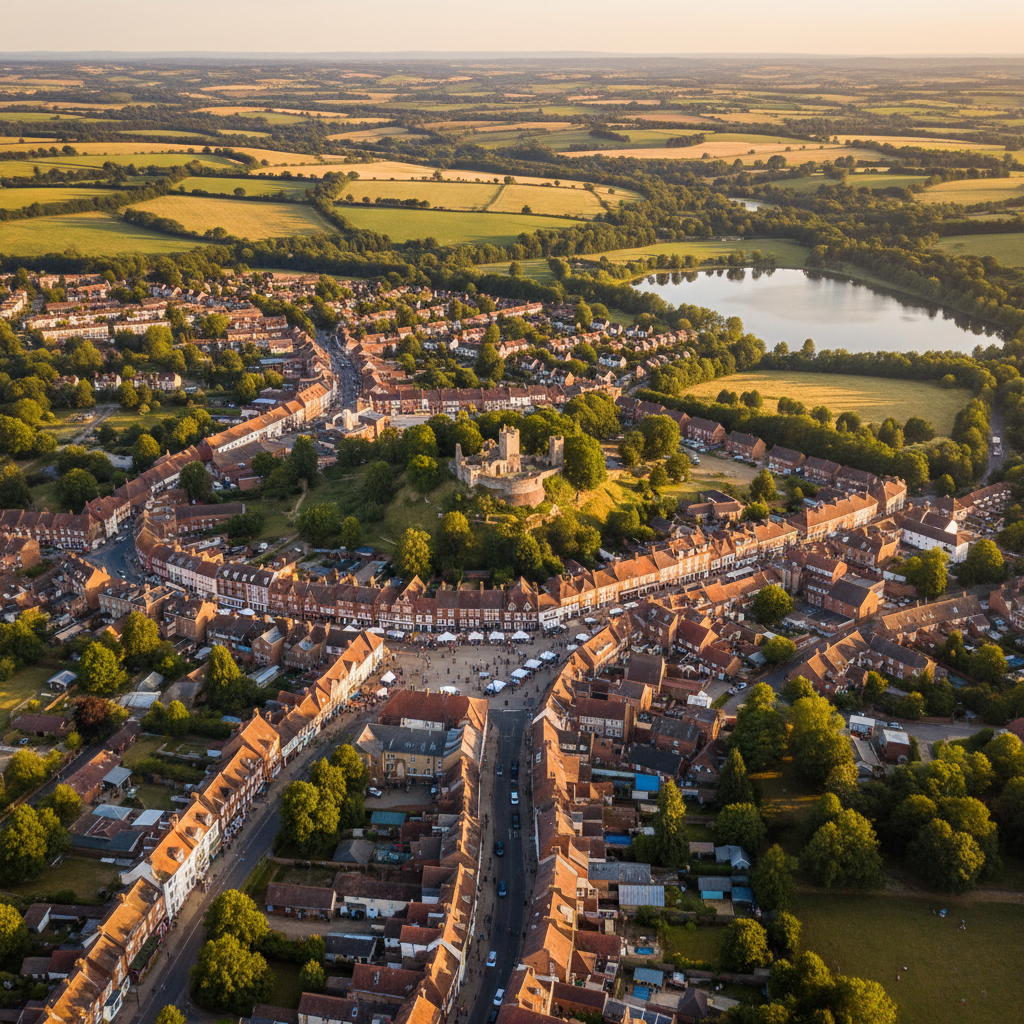 Aerial view of Reigate, Surrey at golden hour