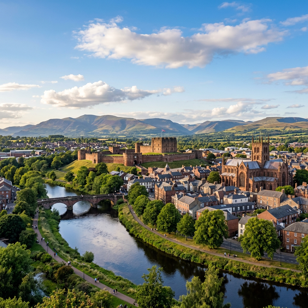 Scenic view of Carlisle, England with historic architecture.