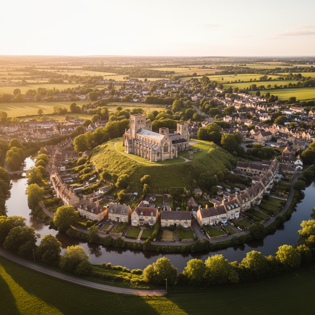 Aerial view of Malmesbury, Wiltshire with Abbey at golden hour