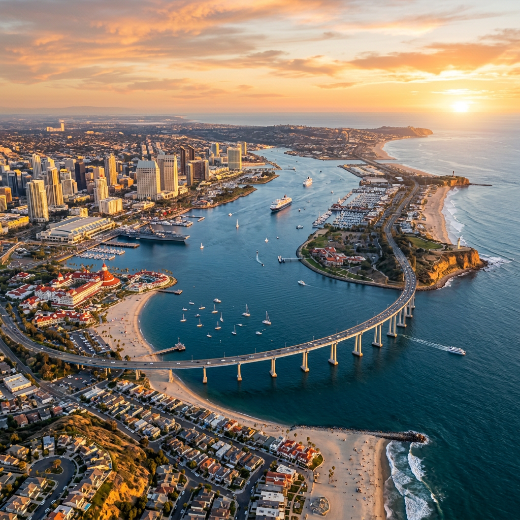 Aerial view of San Diego California bay, beaches, and city skyline at golden hour