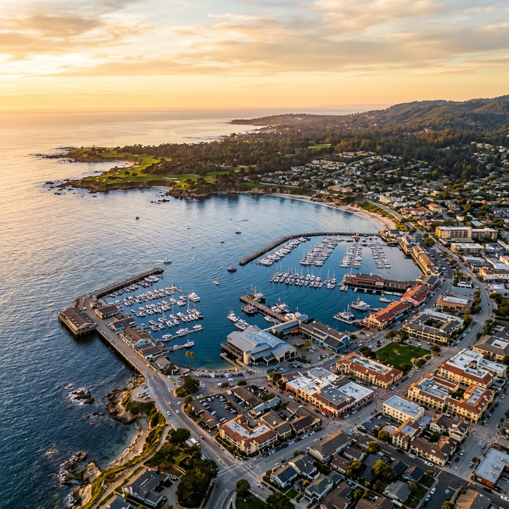 Aerial view of Monterey California bay and coastline at golden hour