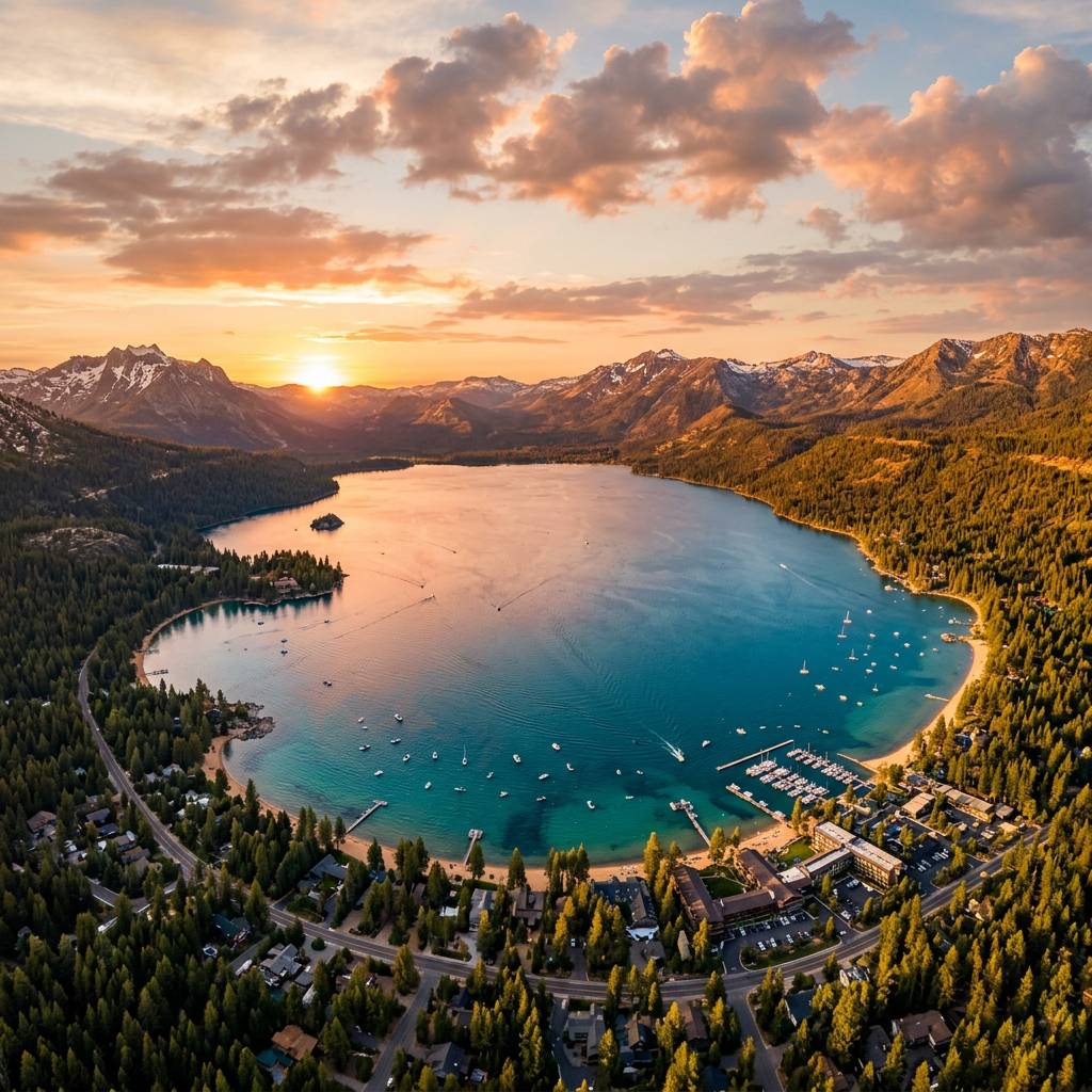 Aerial view of Lake Tahoe California alpine lake and Sierra Nevada mountains at golden hour
