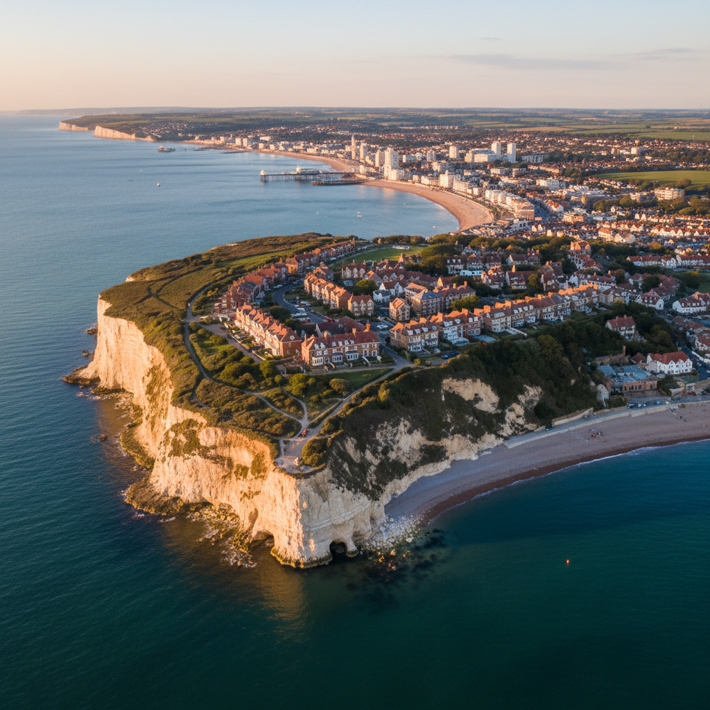 Aerial view of Rottingdean, East Sussex chalk cliff village at golden hour