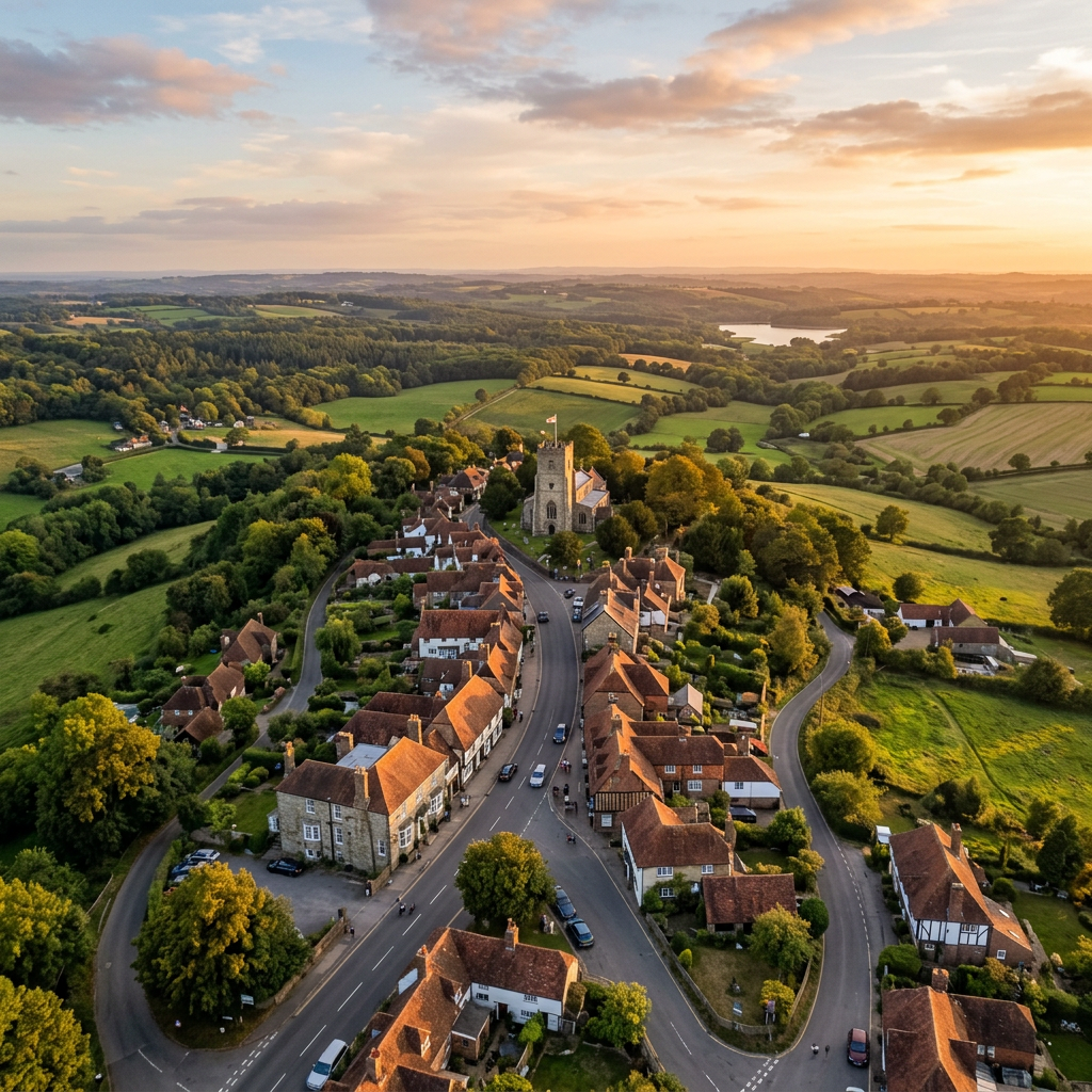 Aerial view of Goudhurst, Kent at golden hour