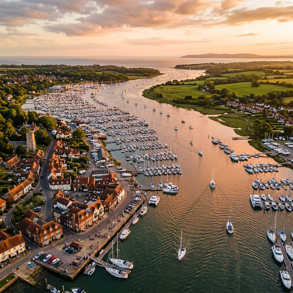 Aerial view of Hamble, Hampshire sailing village at golden hour