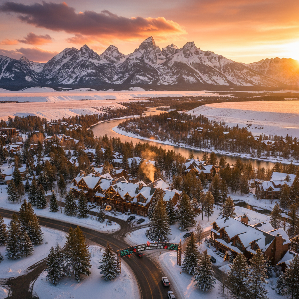 Aerial view of Jackson Hole Wyoming Grand Teton mountains and valley at golden hour
