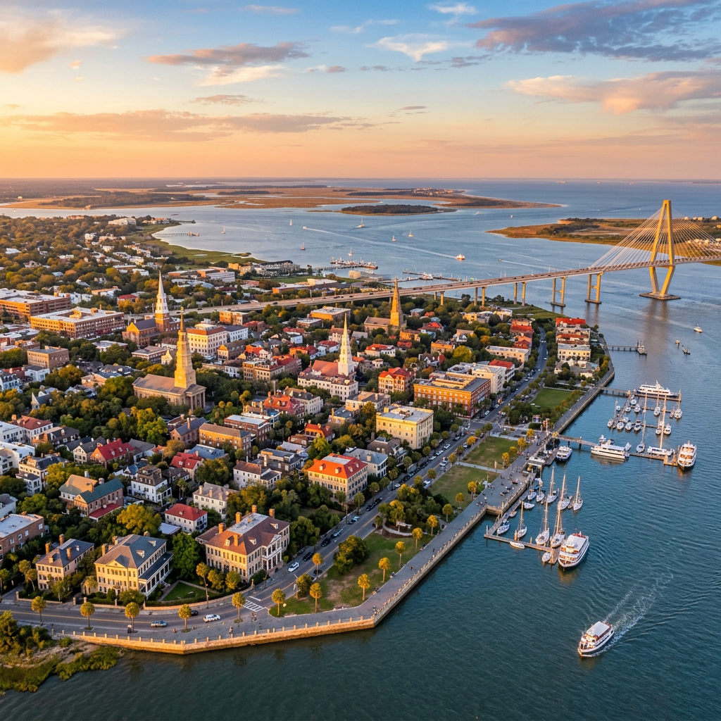 Aerial view of Charleston South Carolina historic waterfront and skyline at golden hour