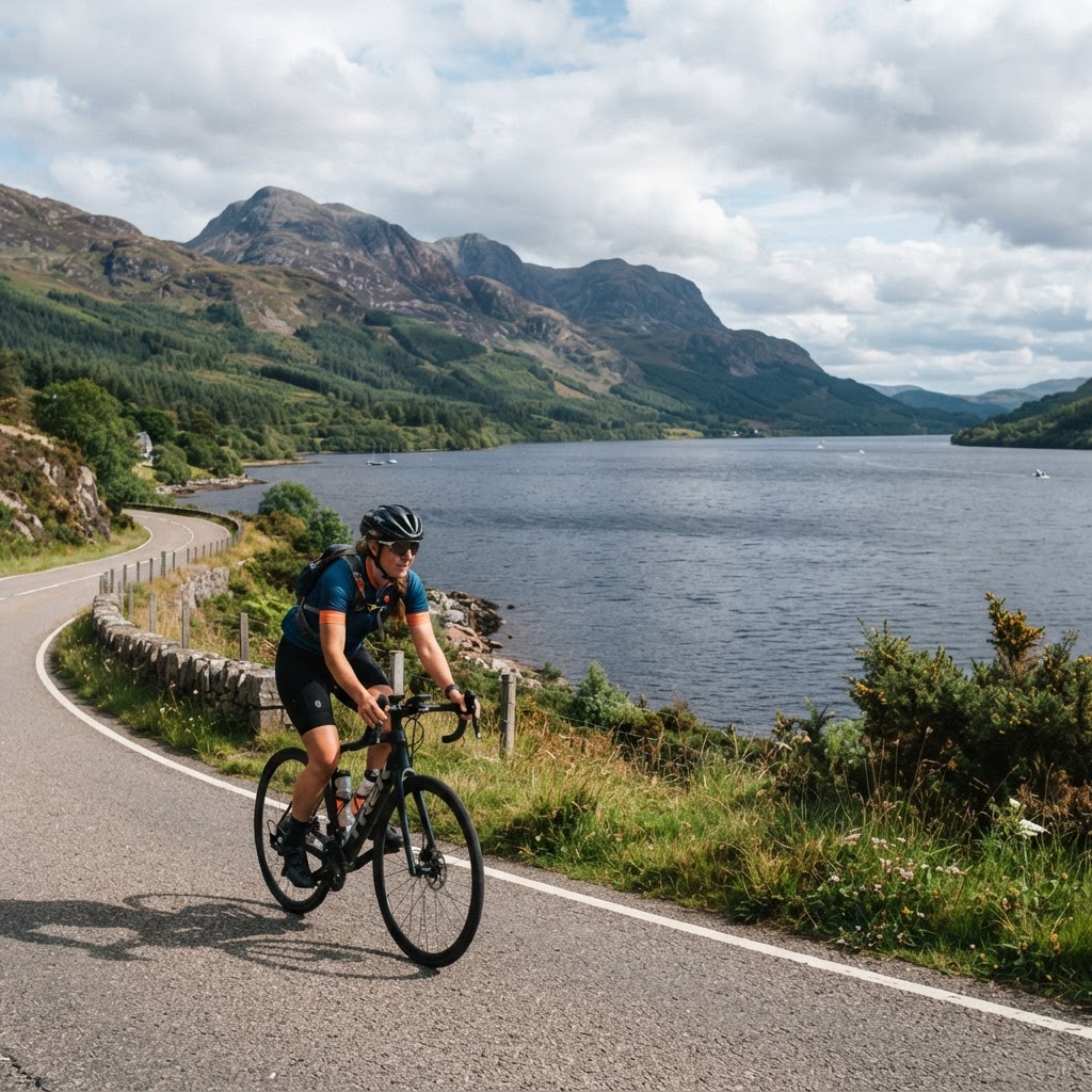 Cyclist cycling through the scenic routes of Drumnadrochit